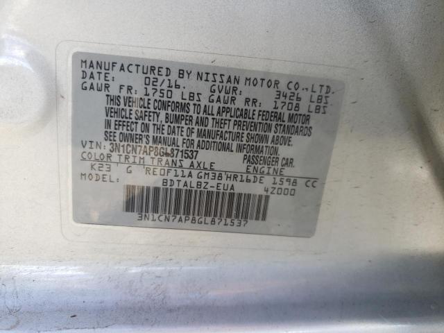 Photo 10 from auction – 2016 NISSAN VERSA S with VIN 3N1CN7AP8GL871537