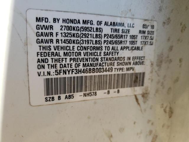 Photo 10 from auction – 2011 HONDA PILOT EX with VIN 5FNYF3H46BB003449