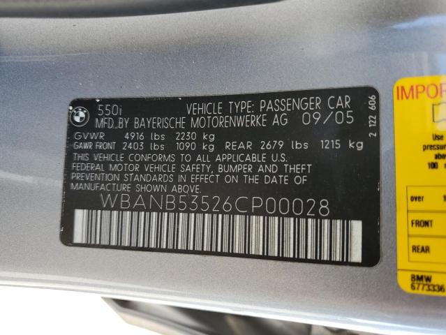 Photo 10 from auction – 2006 BMW 550 I with VIN WBANB53526CP00028