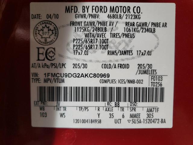 Photo 10 from auction – 2010 FORD ESCAPE XLT with VIN 1FMCU9DG2AKC80969