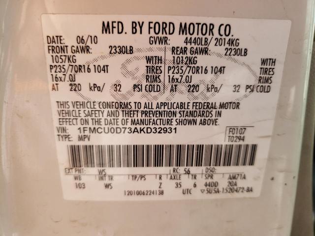 Photo 10 from auction – 2010 FORD ESCAPE XLT with VIN 1FMCU0D73AKD32931
