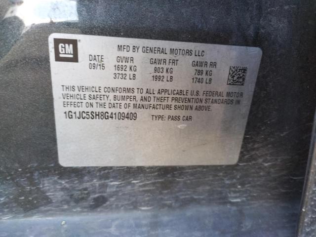 Photo 10 from auction – 2016 CHEVROLET SONIC LT with VIN 1G1JC5SH8G4109409
