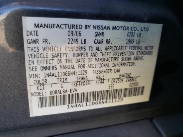 Photo 10 from auction – 2006 NISSAN ALTIMA S with VIN 1N4AL11D66N451129