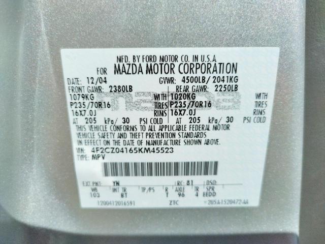 Photo 10 from auction – 2005 MAZDA TRIBUTE S with VIN 4F2CZ04165KM45523