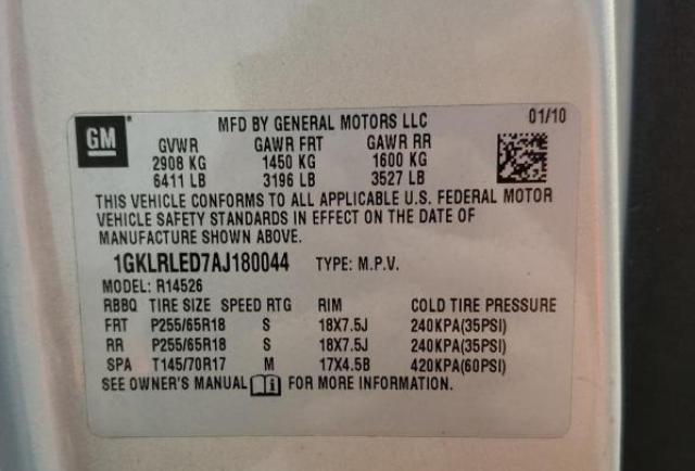 Photo 10 from auction – 2010 GMC ACADIA SLE with VIN 1GKLRLED7AJ180044