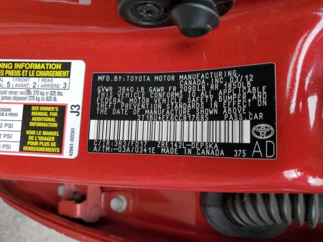 Photo 10 from auction – 2012 TOYOTA COROLLA BA with VIN 2T1BU4EE6CC817685