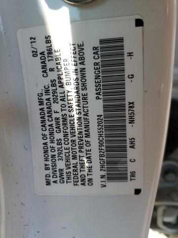 Photo 10 from auction – 2012 HONDA CIVIC EXL with VIN 2HGFB2F90CH552024