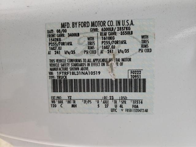 Photo 10 from auction – 2001 FORD F150 with VIN 1FTRF18L31NA10519