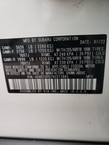 Photo 10 from auction – 2022 SUBARU OUTBACK TO with VIN 4S4BTGPD7N3271883