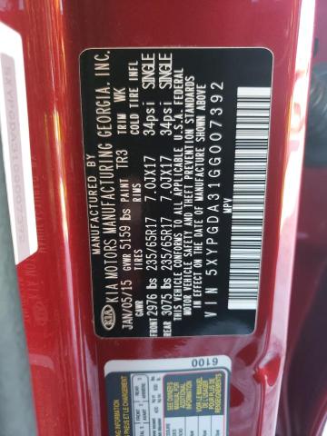 Photo 10 from auction – 2016 KIA SORENTO LX with VIN 5XYPGDA31GG007392