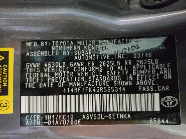 Photo 10 from auction – 2016 TOYOTA CAMRY LE with VIN 4T4BF1FK4GR565314
