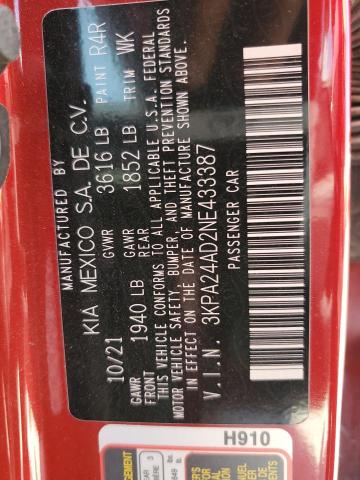 Photo 10 from auction – 2022 KIA RIO LX with VIN 3KPA24AD2NE433387