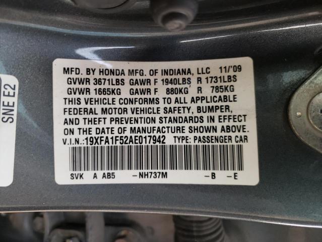 Photo 10 from auction – 2010 HONDA CIVIC LX with VIN 19XFA1F52AE017942
