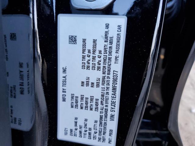 Photo 10 from auction – 2021 TESLA MODEL 3 with VIN 5YJ3E1EA4MF090377