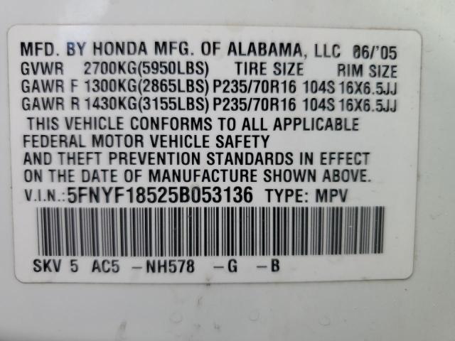 Photo 10 from auction – 2005 HONDA PILOT EXL with VIN 5FNYF18525B053136
