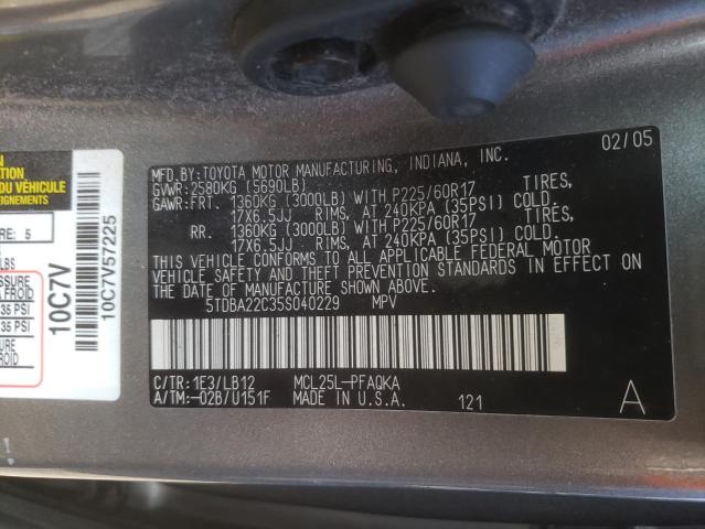 Photo 10 from auction – 2005 TOYOTA SIENNA XLE with VIN 5TDBA22C35S040229