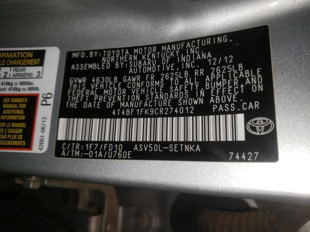 Photo 10 from auction – 2012 TOYOTA CAMRY BASE with VIN 4T4BF1FK9CR274012