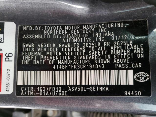 Photo 10 from auction – 2012 TOYOTA CAMRY BASE with VIN 4T4BF1FK3CR194043