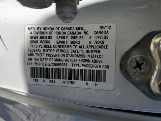 Photo 10 from auction – 2012 HONDA CIVIC LX with VIN 2HGFB2F57CH595983