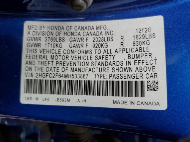 Photo 10 from auction – 2021 HONDA CIVIC LX with VIN 2HGFC2F64MH533867