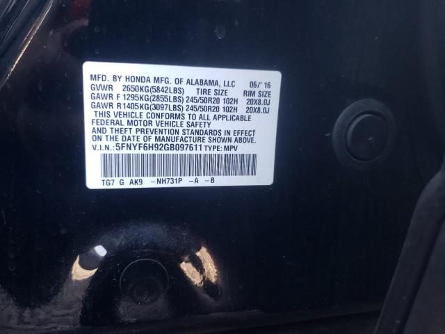 Photo 10 from auction – 2016 HONDA PILOT TOUR with VIN 5FNYF6H92GB097611