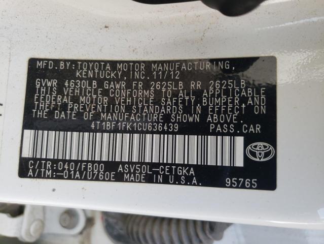 Photo 10 from auction – 2012 TOYOTA CAMRY with VIN 4T1BF1FK1CU636439