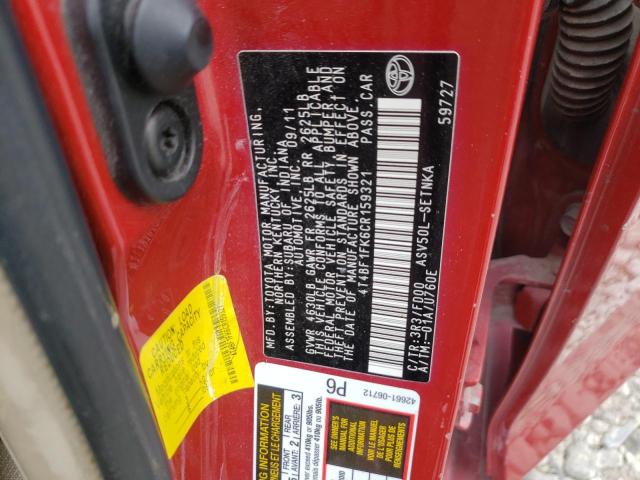 Photo 10 from auction – 2012 TOYOTA CAMRY BASE with VIN 4T4BF1FK6CR159321