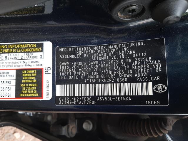 Photo 10 from auction – 2012 TOYOTA CAMRY BASE with VIN 4T4BF1FK6CR218660