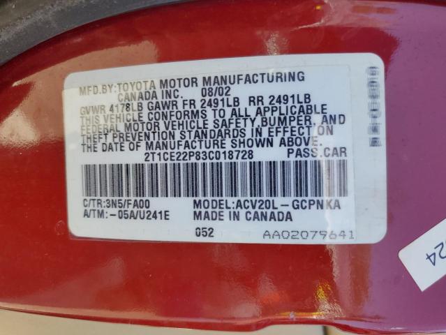 Photo 10 from auction – 2003 TOYOTA CAMRY SOLA with VIN 2T1CE22P83C018728