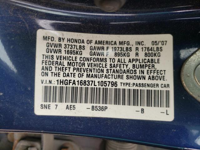 Photo 10 from auction – 2007 HONDA CIVIC EX with VIN 1HGFA16837L105796