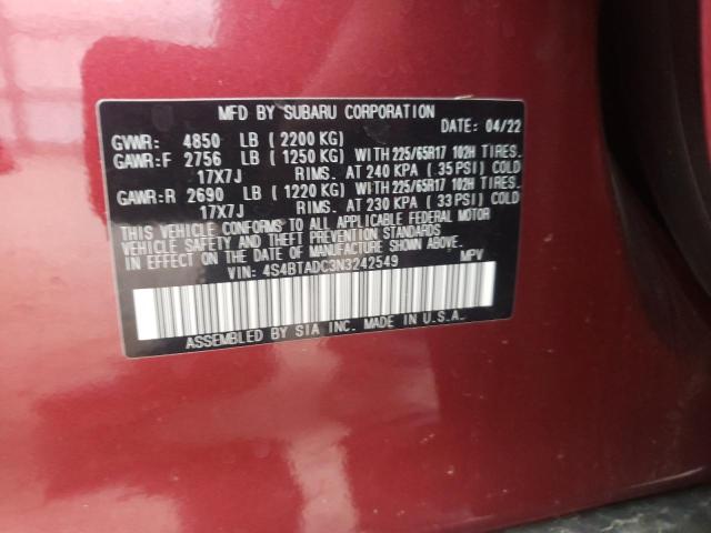 Photo 10 from auction – 2022 SUBARU OUTBACK PR with VIN 4S4BTADC3N3242549