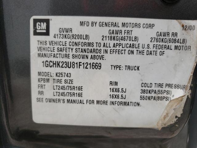 Photo 10 from auction – 2001 CHEVROLET 2500 with VIN 1GCHK23U81F121669
