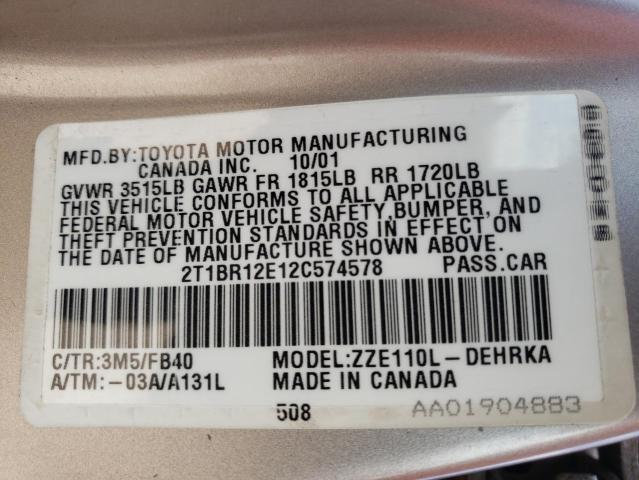 Photo 10 from auction – 2002 TOYOTA COROLLA CE with VIN 2T1BR12E12C574578