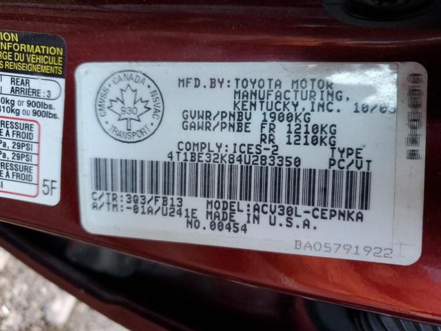 Photo 10 from auction – 2004 TOYOTA CAMRY LE with VIN 4T1BE32K84U283350