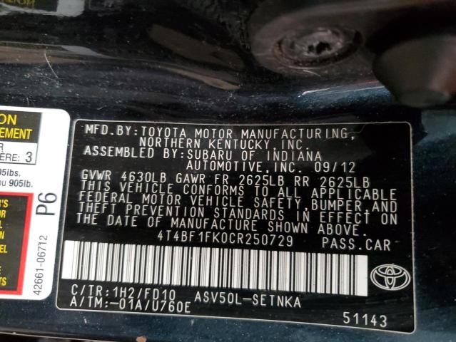 Photo 10 from auction – 2012 TOYOTA CAMRY BASE with VIN 4T4BF1FK0CR250729