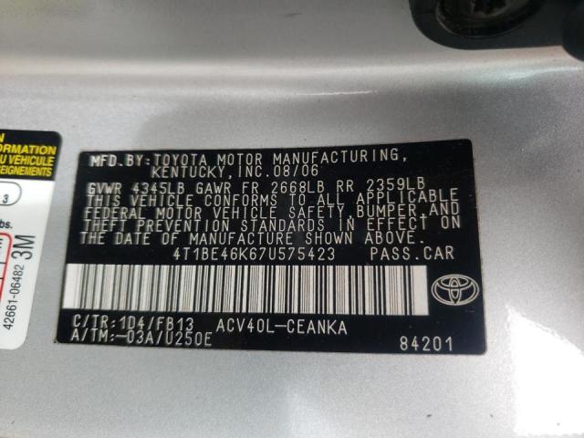 Photo 10 from auction – 2007 TOYOTA CAMRY CE with VIN 4T1BE46K67U575423