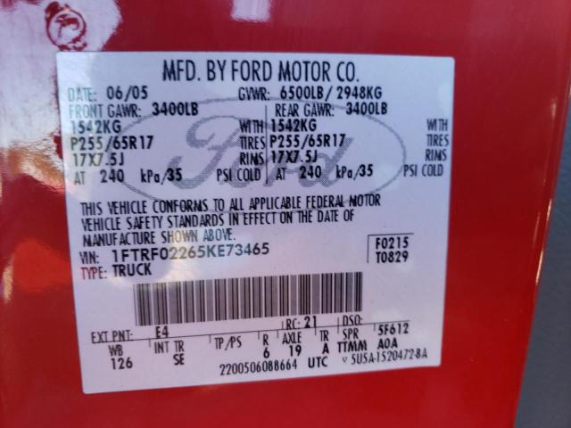 Zdjęcie 10 z aukcji – 2005 FORD F150 z VIN 1FTRF02265KE73465