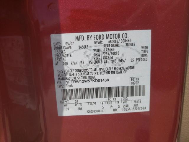 Photo 10 from auction – 2007 FORD F150 SUPER with VIN 1FTRW12W57KD01438