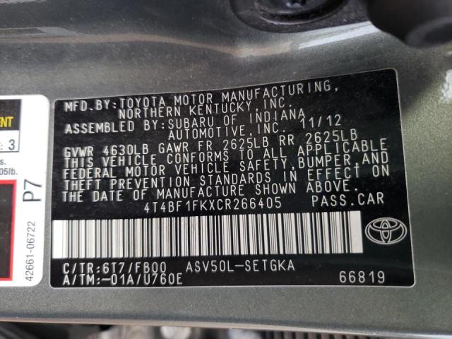 Photo 10 from auction – 2012 TOYOTA CAMRY BASE with VIN 4T4BF1FKXCR266405