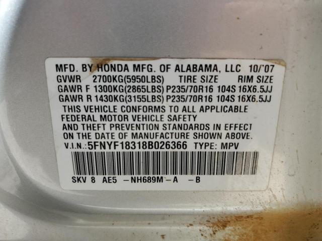 Photo 10 from auction – 2008 HONDA PILOT SE with VIN 5FNYF18318B026366