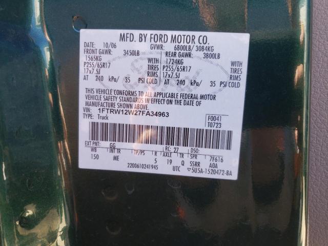 Photo 10 from auction – 2007 FORD F150 SUPER with VIN 1FTRW12W27FA34963
