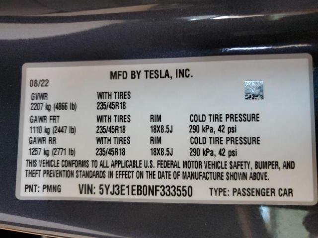 Photo 10 from auction – 2022 TESLA MODEL 3 with VIN 5YJ3E1EB0NF333550
