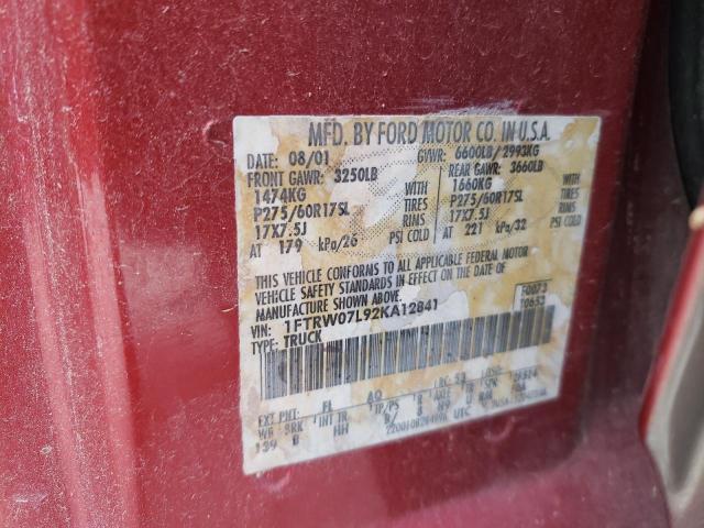 Photo 10 from auction – 2002 FORD F150 SUPER with VIN 1FTRW07L92KA12841
