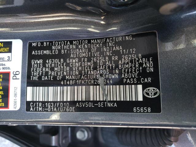 Photo 10 from auction – 2012 TOYOTA CAMRY BASE with VIN 4T4BF1FK7CR265244