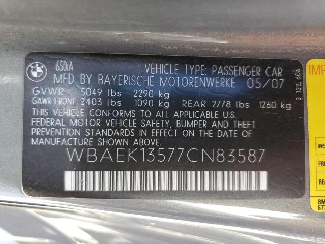 Photo 10 from auction – 2007 BMW 650 I with VIN WBAEK13577CN83587
