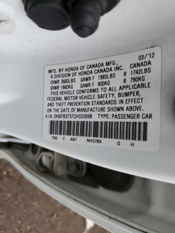 Photo 10 from auction – 2012 HONDA CIVIC LX with VIN 2HGFB2F57CH555998
