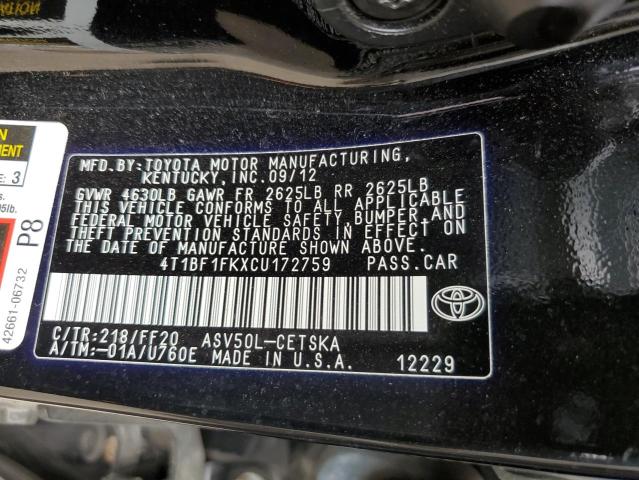 Photo 10 from auction – 2012 TOYOTA CAMRY BASE with VIN 4T1BF1FKXCU172759