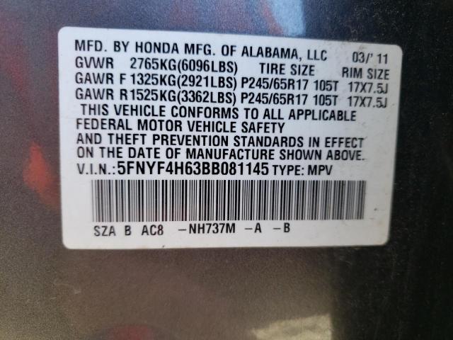 Photo 10 from auction – 2011 HONDA PILOT EXL with VIN 5FNYF4H63BB081145