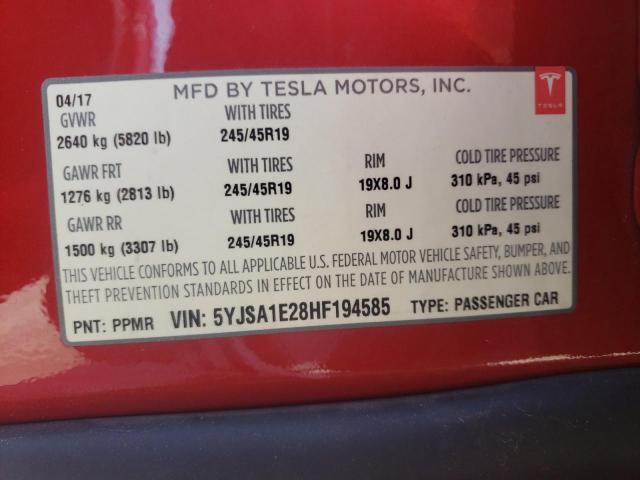 Photo 10 from auction – 2017 TESLA MODEL S with VIN 5YJSA1E28HF194585