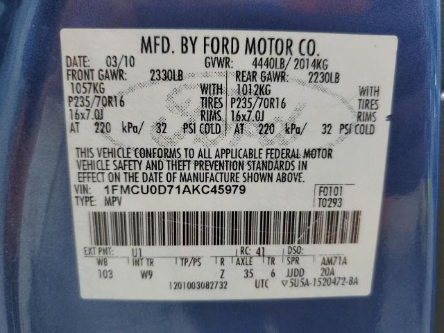 Photo 10 from auction – 2010 FORD ESCAPE XLT with VIN 1FMCU0D71AKC45979